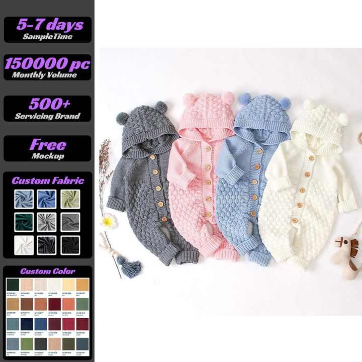 Organic Cotton Baby Sweater Bear Ear Hooded Cardigan Newborn Chunky Crochet Unisex Baby Clothes Knit Romper Sets