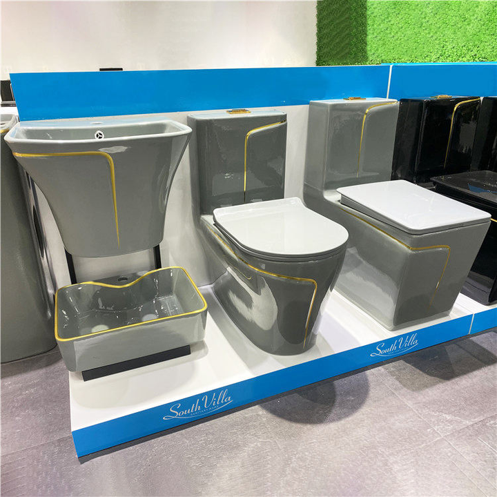 Modern Bathroom Sanitary Ware Square One Piece Toilet Bowl Floor Bathroom Sink and Ceramic Toilet Grey Gold Line Wc Toilet Set