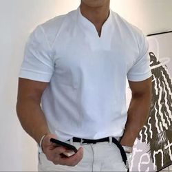 Muscular men's fitness plus-size sports t-shirt men's stretch cotton pocket short-sleeved summer V-neck Polo shirt