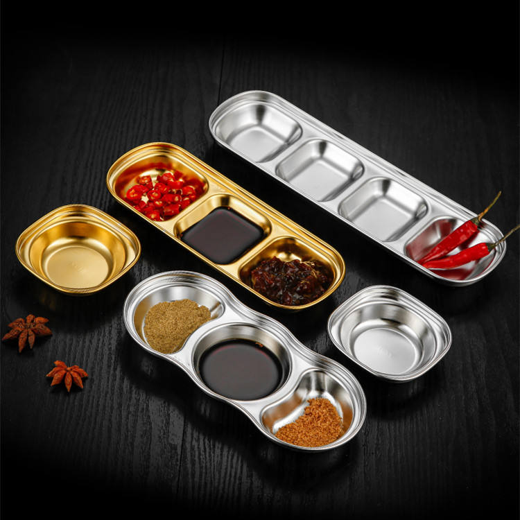 Amaozn Hot Sale Korean 304 stainless steel golden hot pot seasoning dish barbecue dipping dishes restaurant serving Sauce plate