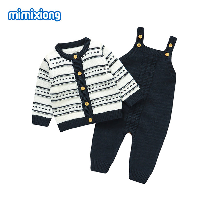 Mimixiong Knitted Baby Cardigan Baby Rompers Newborn Clothes Winter Boys Striped Long Sleeve Baby Clothing Set
