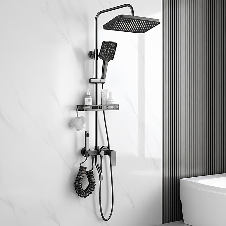 Black Brass Bath Shower Faucets with 4-Function Rainfall Shower Head Cold and Hot Mixer Ceramic Valve Core Rain Spray Pattern