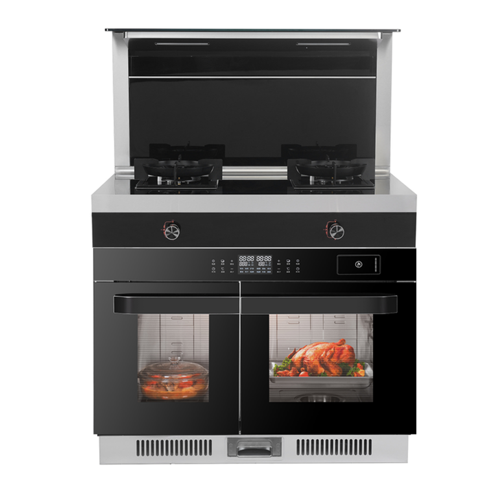 Home Kitchen 4 in 1 Integrated Stove In Cooker Multi-functional Gas Hob+range hood +Single Steam and Single Oven
