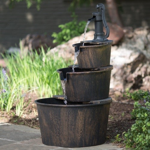 2021 Hot Home Garten jardin Garden Outdoor Solar Pump 2 Tiers Rustic Barrel Water Fountain
