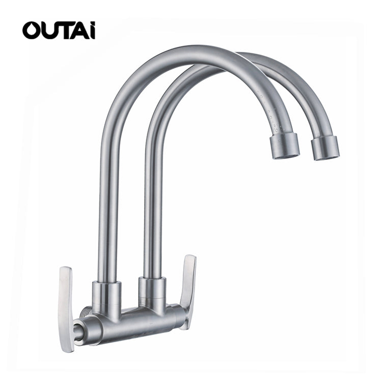 OT-34059 Ceramic Cartridge Double Headed 2-way Stainless Steel 304 Tap Most Unique Dual Spout Kitchen Two Lever Faucet