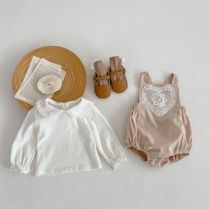 Spring Autumn Newborn Infant Toddler Clothing Turn-Down Collar Top Ribbed Cotton Romper Baby Girls Clothes Set