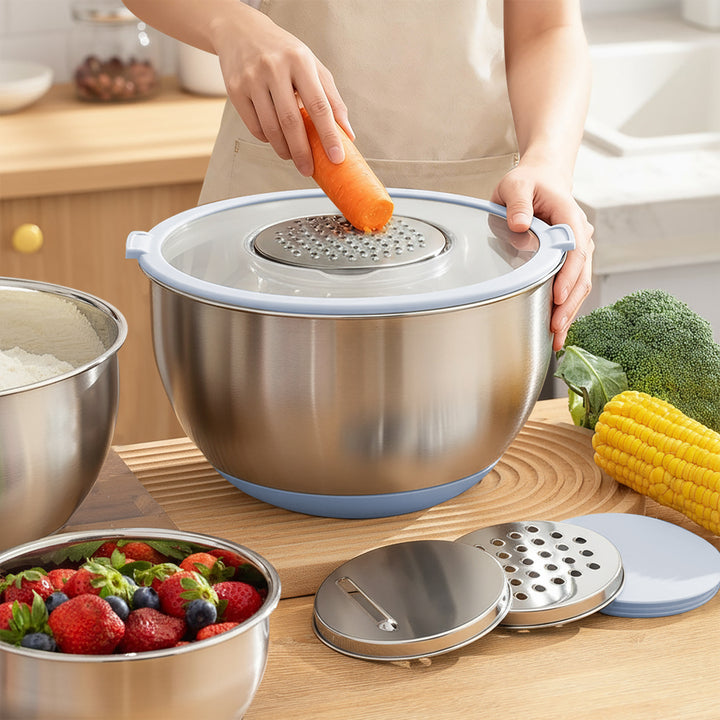 3pcs Mixing Bowl Set With Visible Lids 3 Grater Attachments Stainless Steel Salad Bowls for Kitchen Prep and Baking