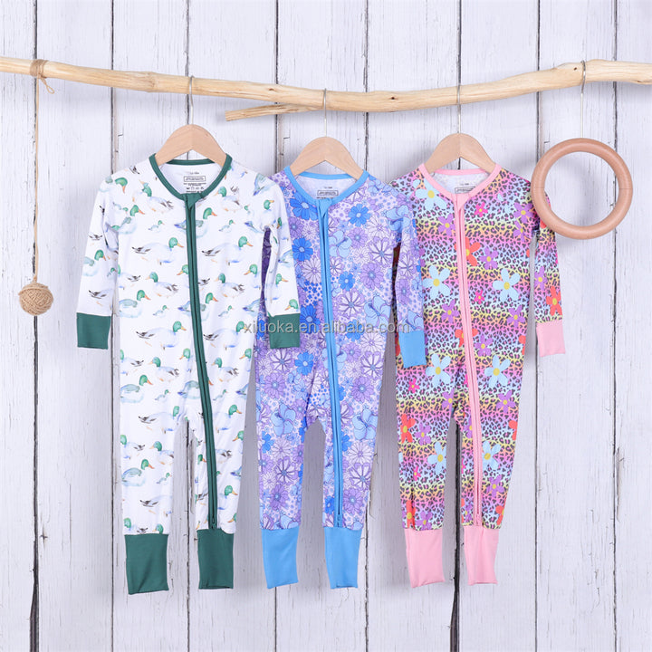 Custom Solid Bamboo Two Way Zipper Baby Long Sleeve Romper Footie Pajamas Baby Clothes New Born Baby Pajamas