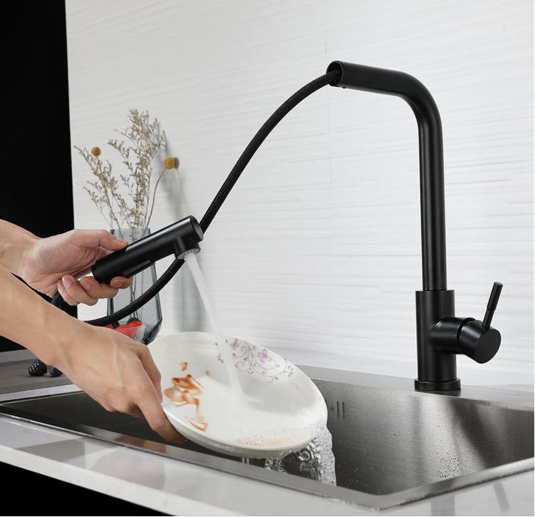 Hot Sell Modern Commercial Matte Black Brushed Single Handle Deck Mount Pull Down Out Sprayer Stainless Steel Kitchen Faucets