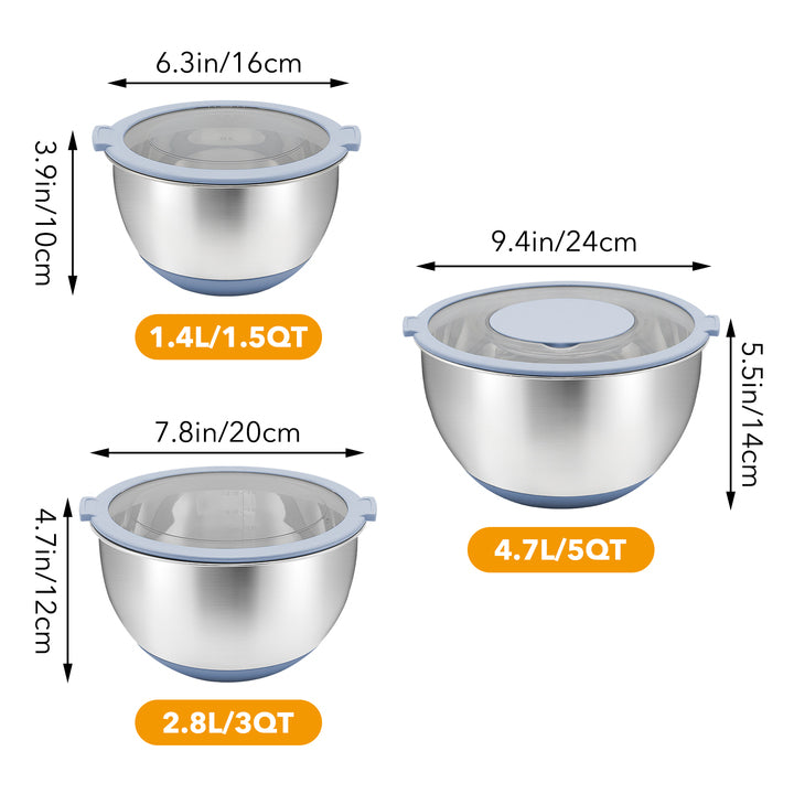 3pcs Mixing Bowl Set With Visible Lids 3 Grater Attachments Stainless Steel Salad Bowls for Kitchen Prep and Baking