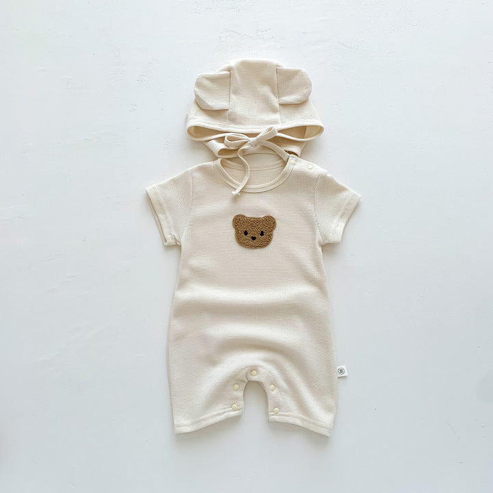Cute Bear Waffle Newborn Baby Rompers Butt Wrap Baby Summer Rompers Short Sleeve Baby Clothes Set with Hat for Boys Girls