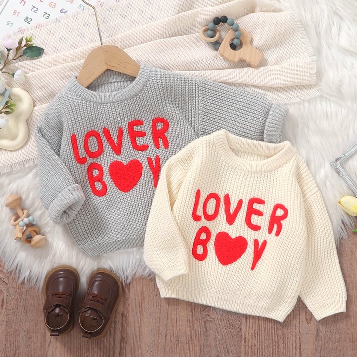 Newborn Baby Clothes Autumn and Winter New Cute Knitted LOVER BOY Pattern Top Baby Girl Round Neck Sweater