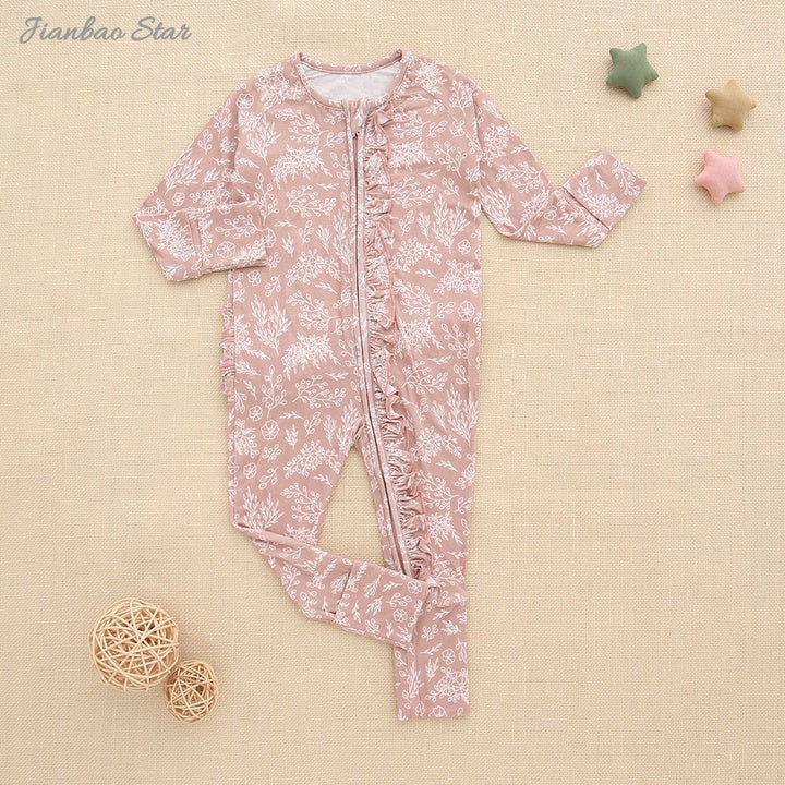 Long Sleeves Ruffle Style Newborn Baby Jumpsuit Two Way Zipper Bamboo Viscose & Spandex Romper Set Print Pattern Spring Summer