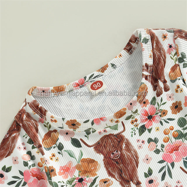 1Pcs Custom Logo RTS  Toddler Short Sleeve Cow Floral Print Girls Kids Dress