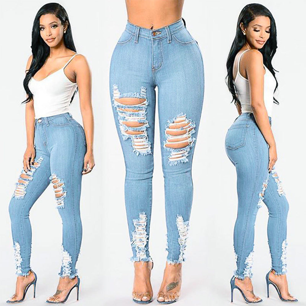 Plus size women's ripped elastic slim pants apparel women's clothing demin jeans trousers for women