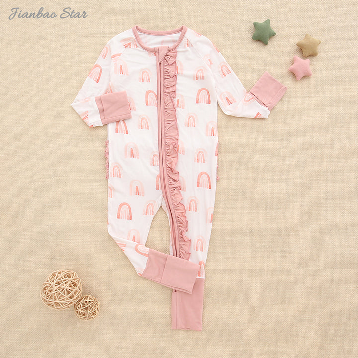 New Soft Baby Clothing Baby Boys Girls Jumpsuit Bamboo Viscose Spandex Custom Printed Sleepsuit Baby Ruffle Zipper Romper