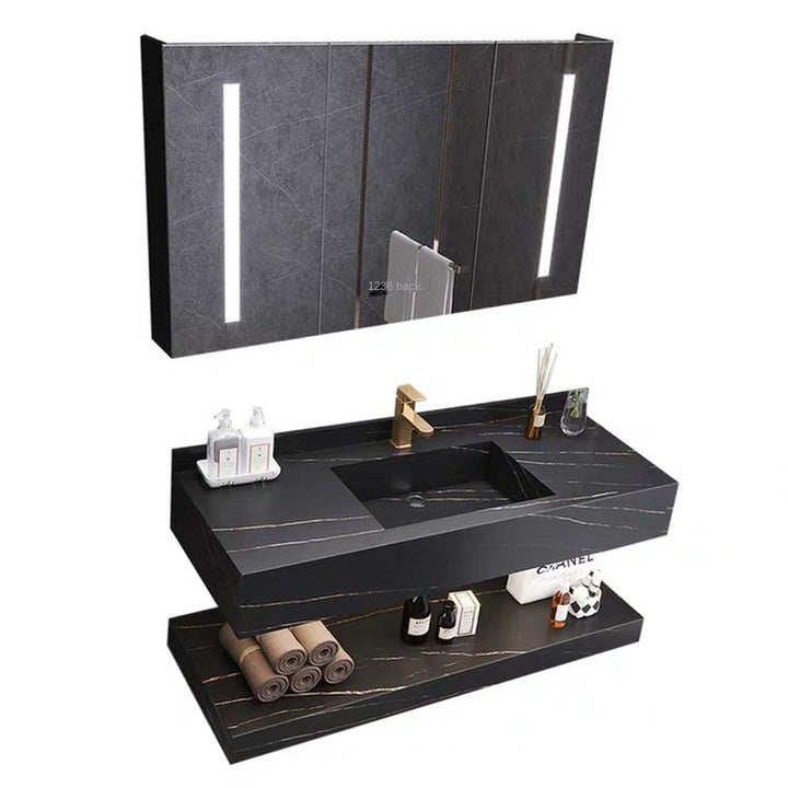 Nordic Modern Rock Board All-in-One Basin Bathroom Cabinet Copper Drainer Mirror Floor Standing Intelligent Light Luxury Design