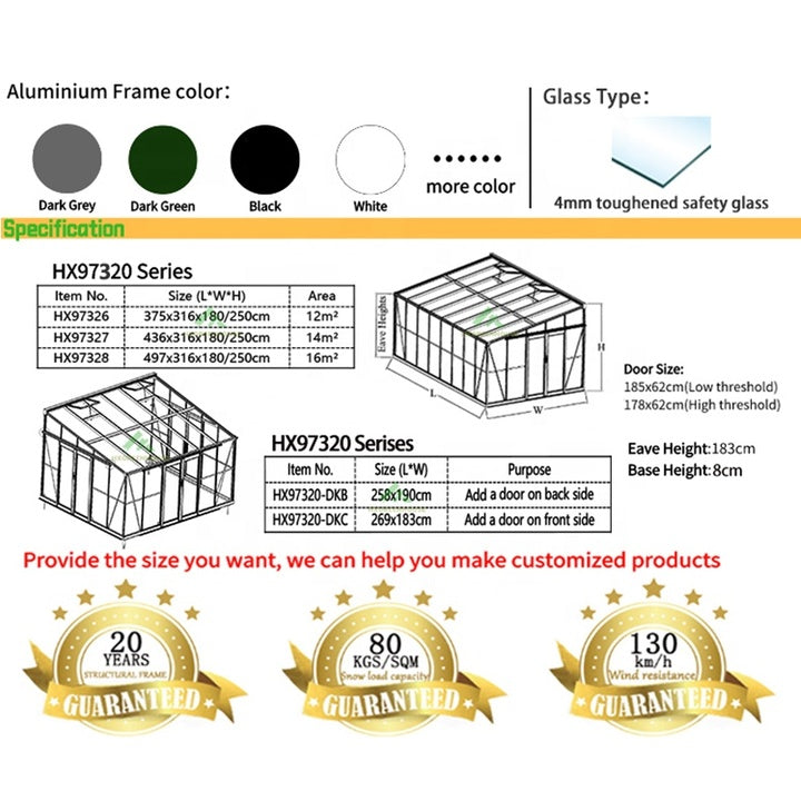 Resistant to Wind Snow Stormproof Strong Rubber Seal System Tempered Glass Aluminium Frame Garden Greenhouse