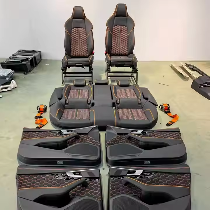 Premium Electric Car Seats - Black Orange Leather Honeycomb Stitching Ergonomic Support Interior Upgrade Comfort