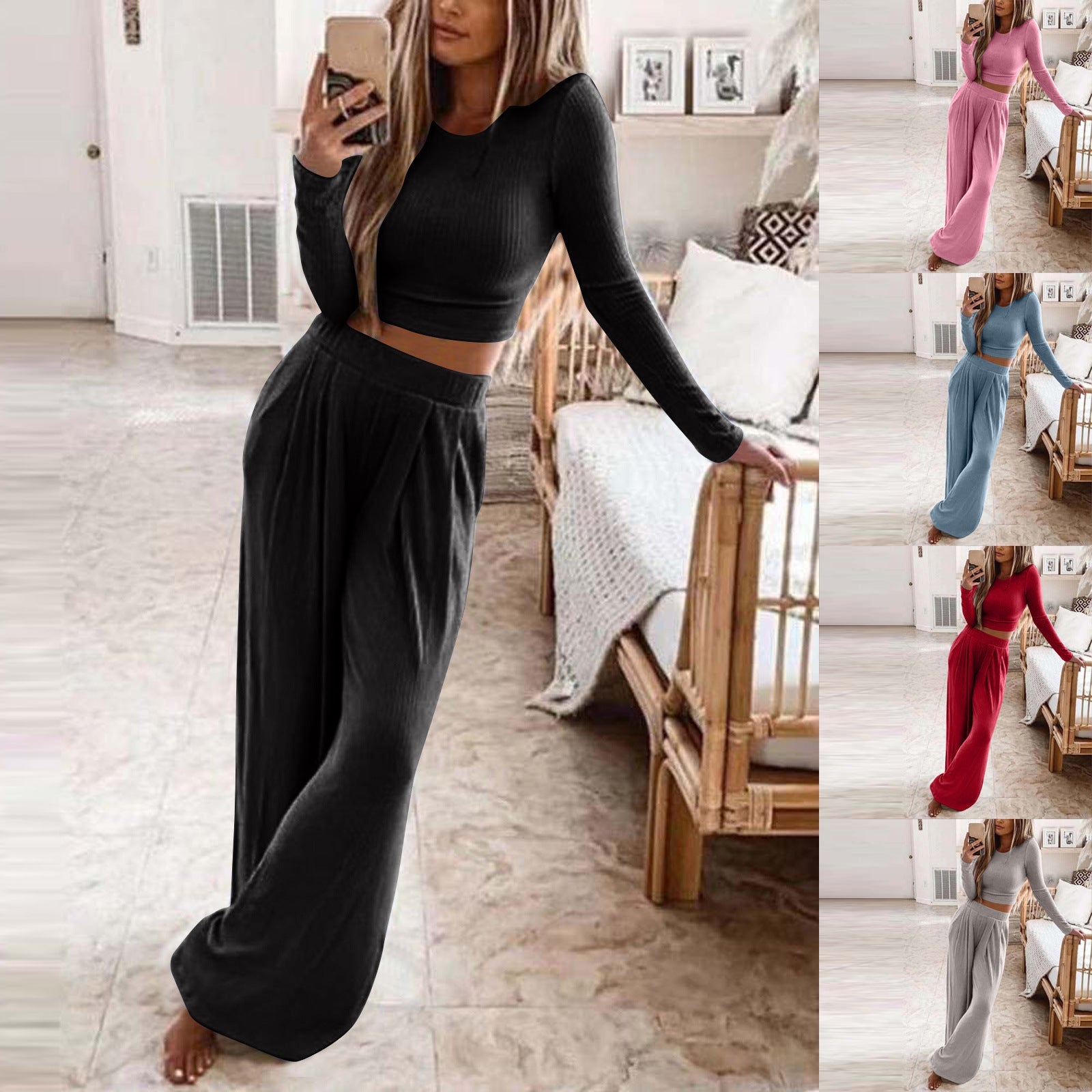 Spring Autumn Custom Casual Long Sleeve Women Knitted Two Piece Sweater Set