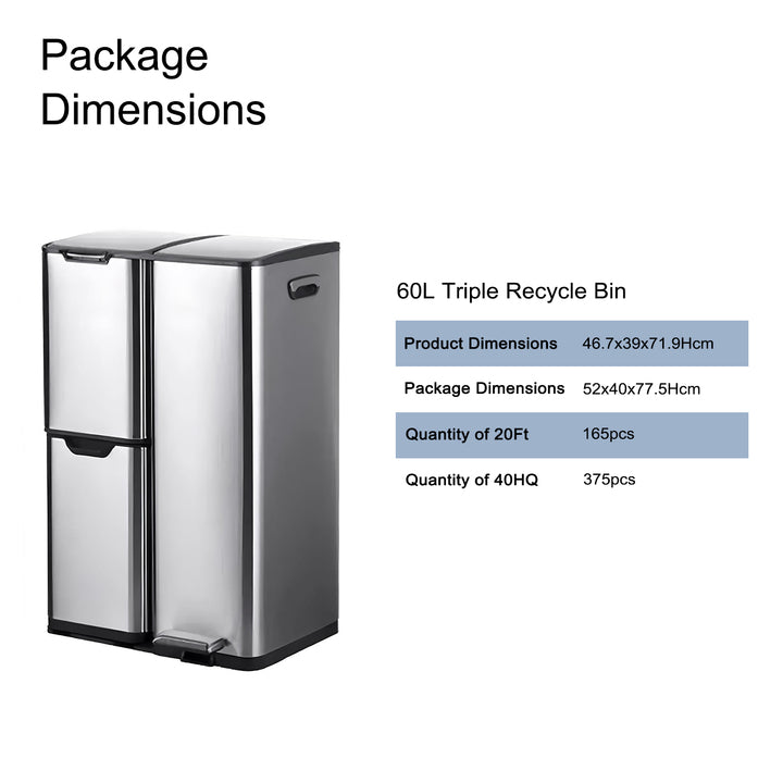 60L Triple 3 Compartment Stainless Recycling Bins with Pedal Press Button on Top Recycle Bin Eco-friendly Recycling Solution