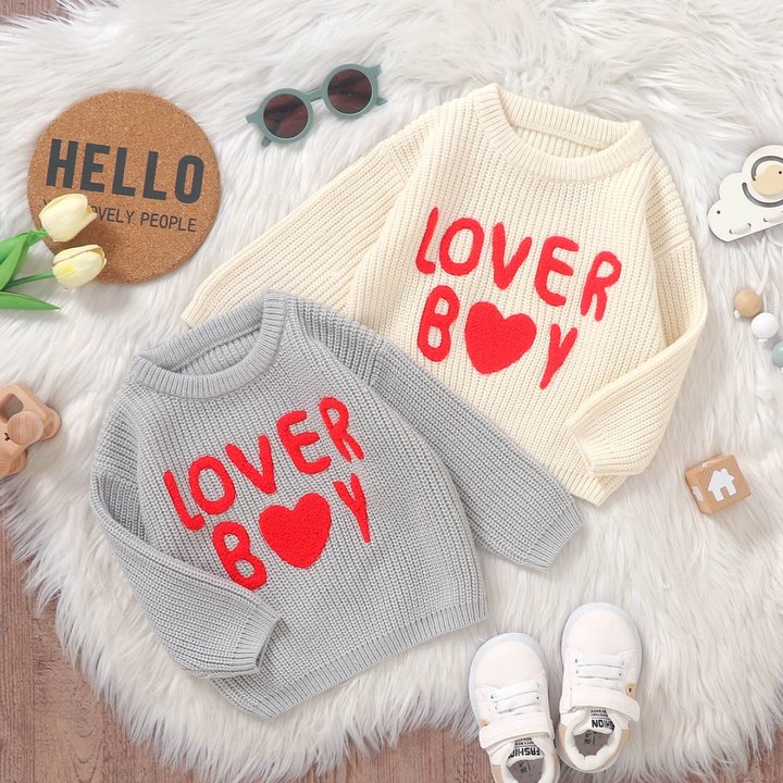 Newborn Baby Clothes Autumn and Winter New Cute Knitted LOVER BOY Pattern Top Baby Girl Round Neck Sweater