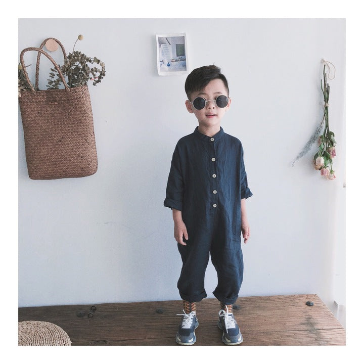 Fall Unisex Solid Color Casual Woven Linen Button Long Sleeve Baby Romper Jumpsuit