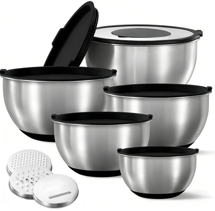 304 Stainless Steel Mixing Bowls Set of 5 With Lids & Graters Set Custom Colors for Kitchen Baking Salad Bowl