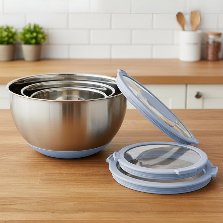 3pcs Mixing Bowl Set With Visible Lids 3 Grater Attachments Stainless Steel Salad Bowls for Kitchen Prep and Baking
