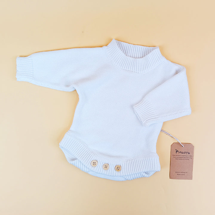Pinuotu Ivory Baby Bubble Romper Blank Vintage Chunky Knit Sweater Onesies Personalized Custom Button Kids Knitwear