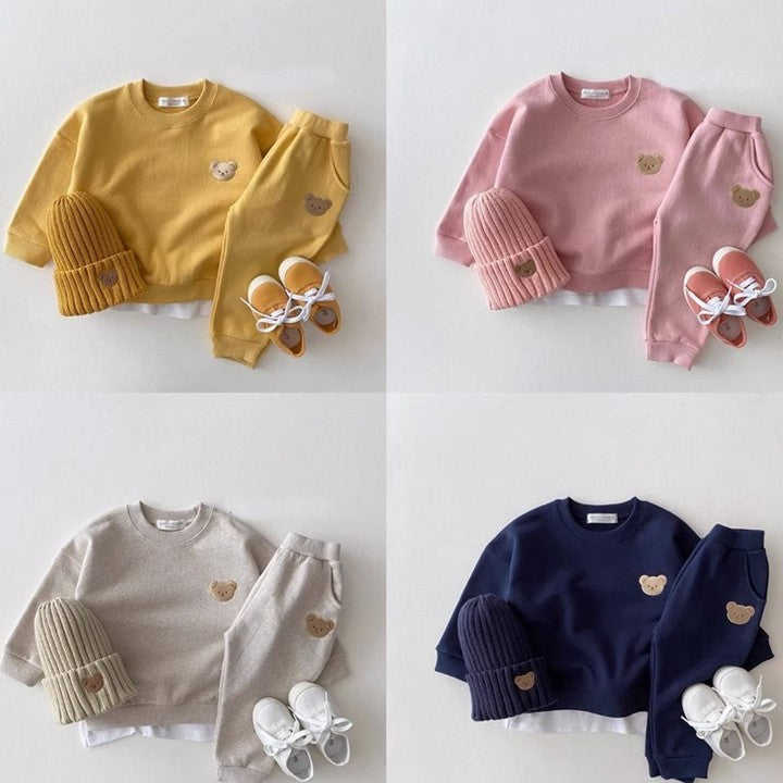 Autumn Children Long-sleeved High-quality Cotton Cartoon Bear Round Neck Sweater and Pants Two-piece Children's Girl Set