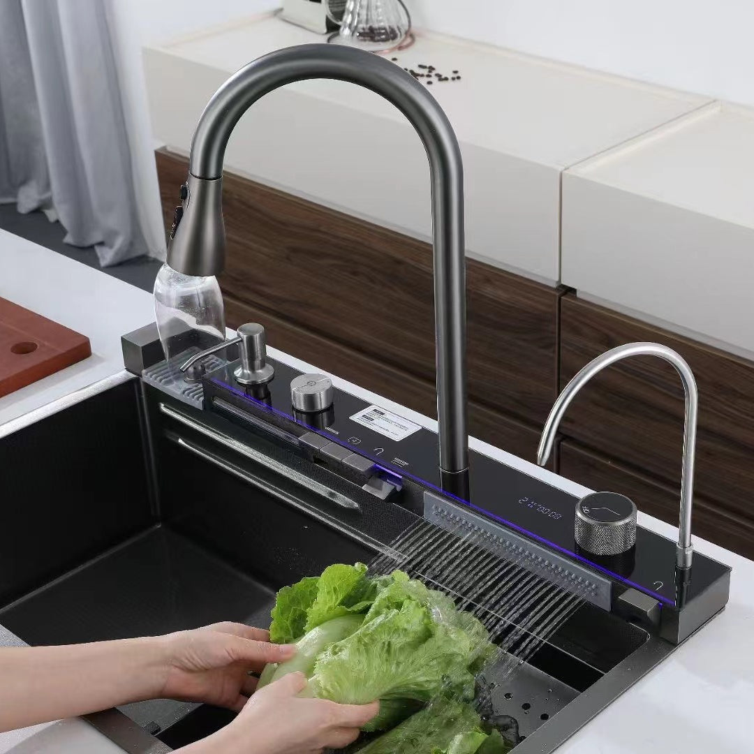 luxury multifunctional kitchen sinks stainless steel sink waterfall rainfall single bowl kitchen sink accessories with cup wash