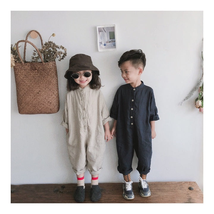 Fall Unisex Solid Color Casual Woven Linen Button Long Sleeve Baby Romper Jumpsuit