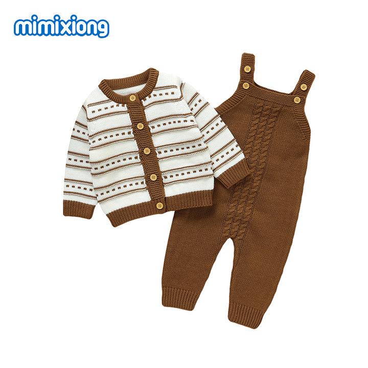Mimixiong Knitted Baby Cardigan Baby Rompers Newborn Clothes Winter Boys Striped Long Sleeve Baby Clothing Set
