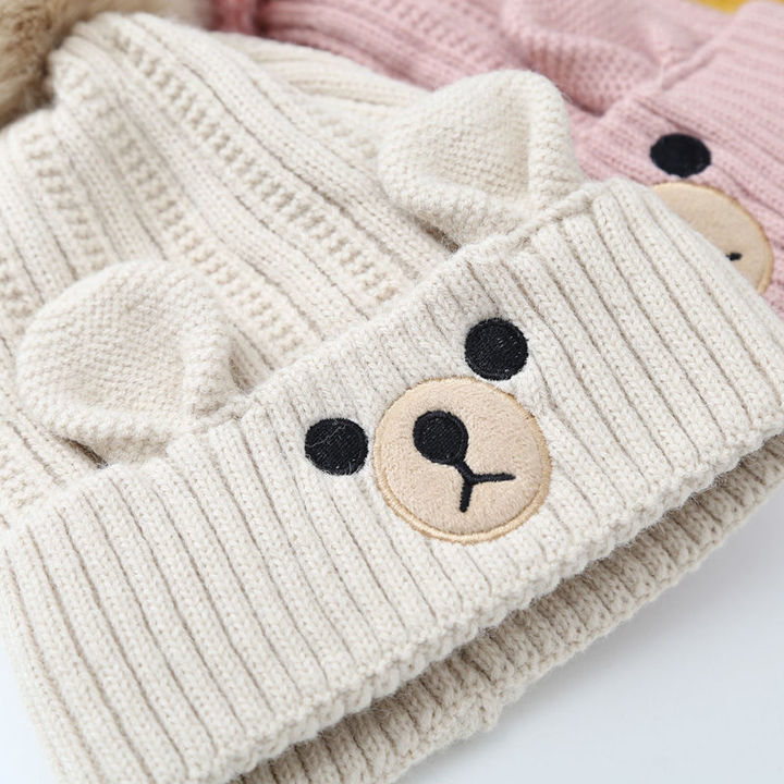 Best Sell Wholesale Winter Warm Little Bear Children's Acrylic Knitted Jacquard Hat Scarf With Fur Pom Pom for Children