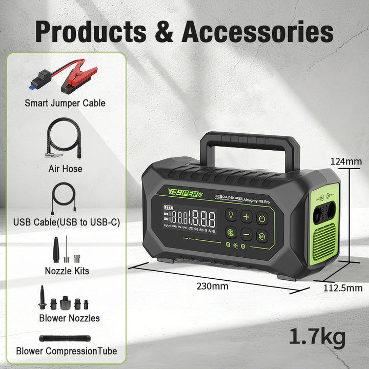 Yesper M8 Pro Multifunction Jump Starter 12V 24000mAh All in One Car Jump Starter with Air Compressor Blower Function
