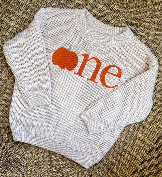 Custom Women's Spring Pumpkin Theme 100% Cotton Embroidery First Birthday Sweater-Our Little Pumpkin
