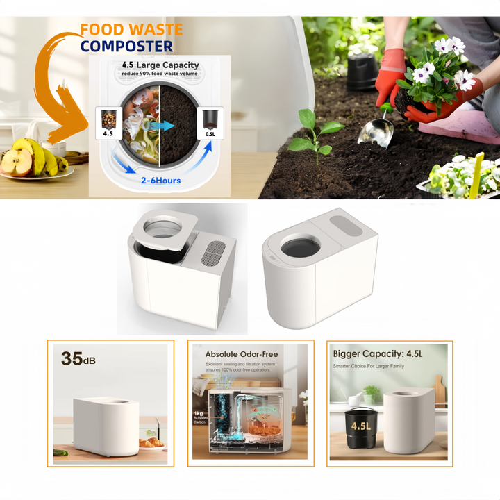Smart Composting Machine 4.5L 35dB Low Noise Kitchen Garbage Processor Cycler Fertilizer Maker with Magnetic Cover