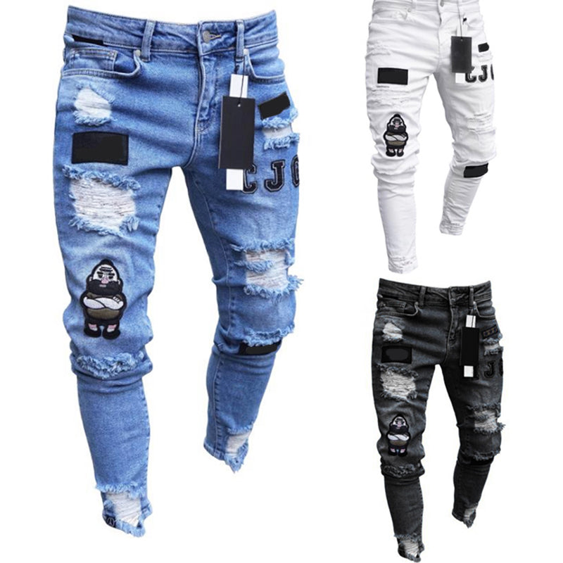 New Italy Style Men's Distressed Destroyed Badge Pants Art Patches Skinny Biker White Jeans Slim Trousers men denim jeans