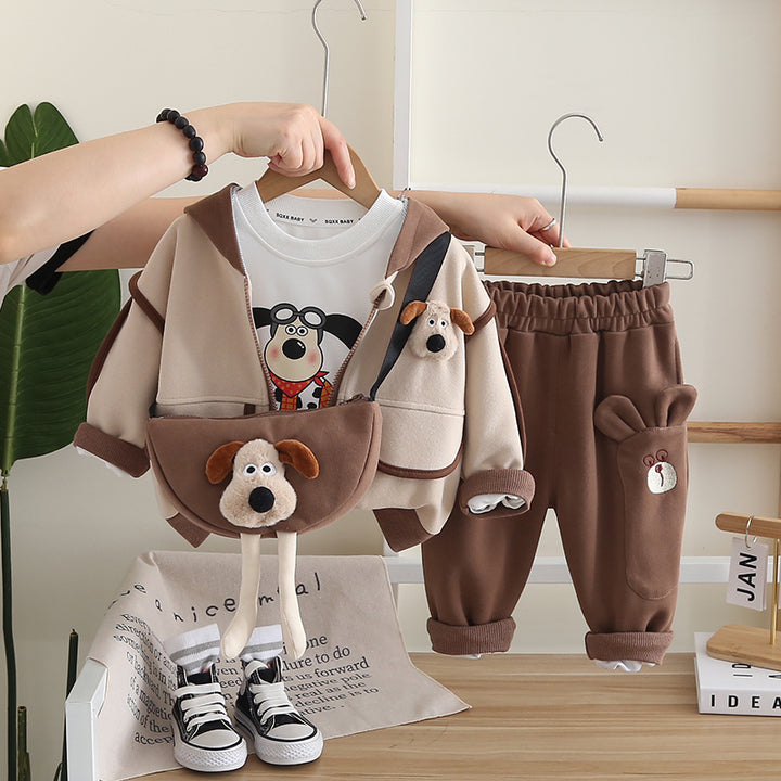 Male Baby Fall Suit 2024 New Baby Children's Spring and Autumn Handsome Clothes Striped Dinosaur Vest Three-piece Set