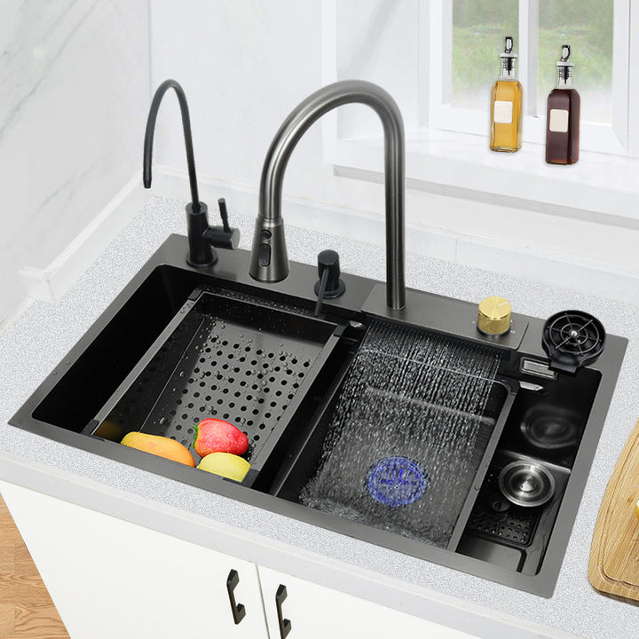 TikTok Trends Single-Hole Stainless Steel Pull-Down Kitchen Faucet Brass Valve Waterfall Style for Single Bowl Sinks