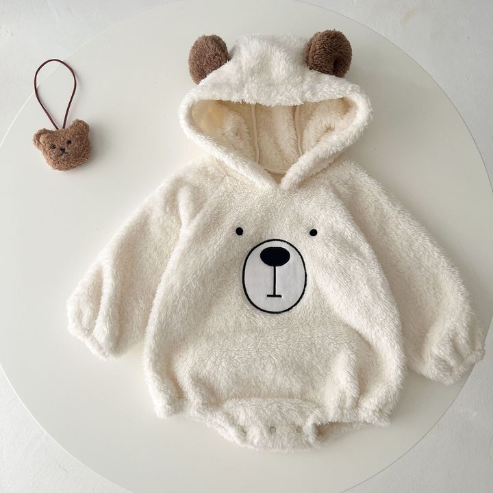 Ins Autumn Winter Newborn Toddler Bear Long Sleeve Thick Hooded Romper Outfits Baby Bodysuit