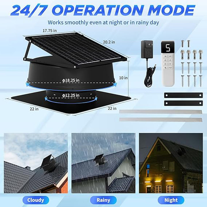 Home Appliance Exhaust Fan 12Inch 40Watt Solar Roof Vent Fan Remote Control Metal Construction Outdoor Use OEM ODM DC Brushless