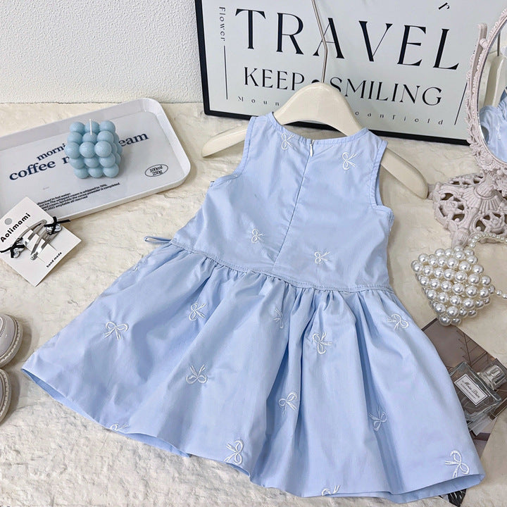 2025 Summer Girls Baby Dresses New Baby Girl Sleeveless Tank Top Bow Embroidered O-Neck Collar Solid Children Skirts