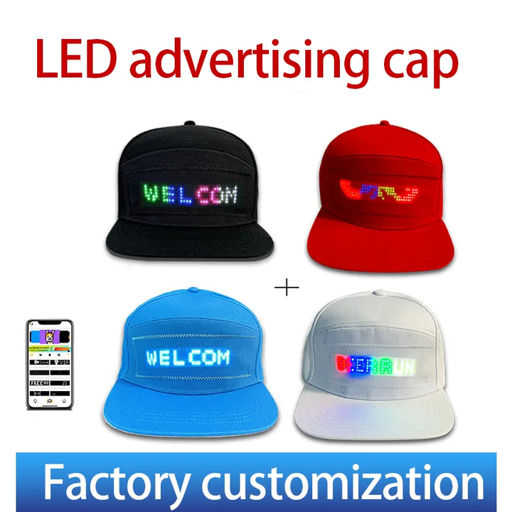 Factory Direct Sale Programmable LED Hat Mobile Phone APP Controlled Scrolling Text LED Caps