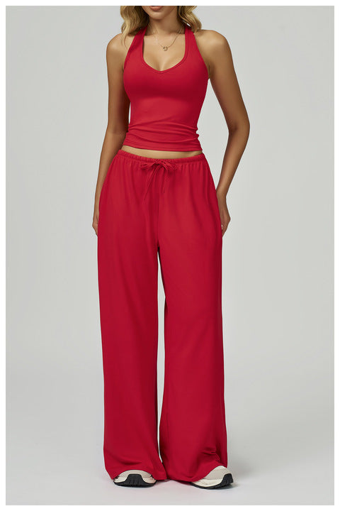 Border Brushed Solid Breathable Eco-Friendly Yoga Set Quick-Dry Four-Way Stretch Drawstring Halter Strap V-neck Sports Set