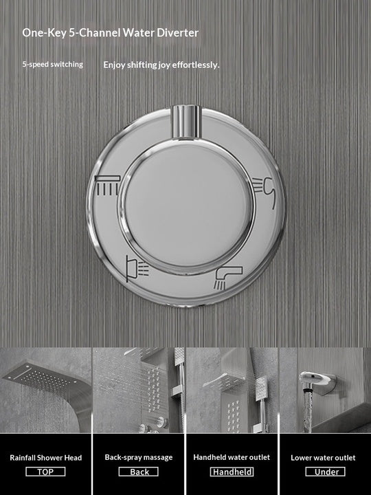Multifunctional Matte Black Rainfall Shower Head Panel Tower System Set with Massage Body Jets Handheld Sprayer Shower Shelves