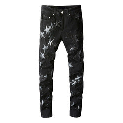 Dropshipping Ripped Distressed Leather Star Patch  Designer Mens denim Jeans