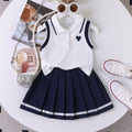 Cheap Price Children Clothes Explosive Model Casual Children Girls' Sleeveless Polo T-shirt & Blue Pleated Skirt 2 Pieces