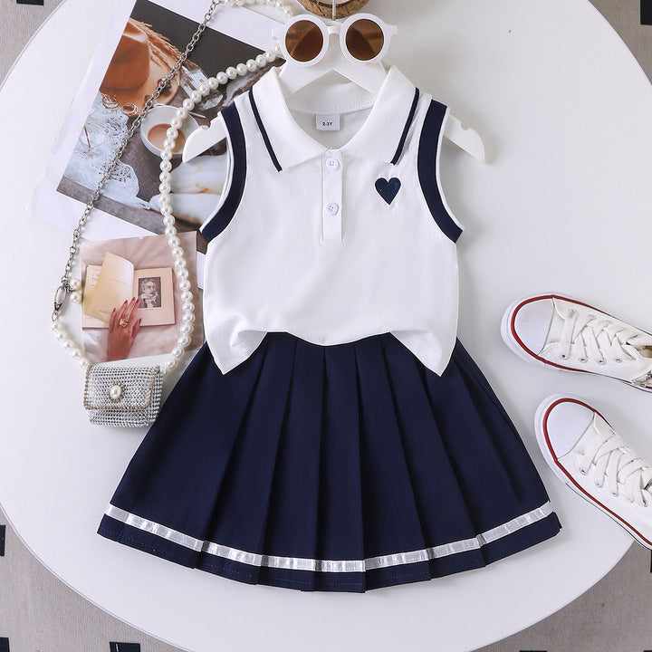 Cheap Price Children Clothes Explosive Model Casual Children Girls' Sleeveless Polo T-shirt & Blue Pleated Skirt 2 Pieces